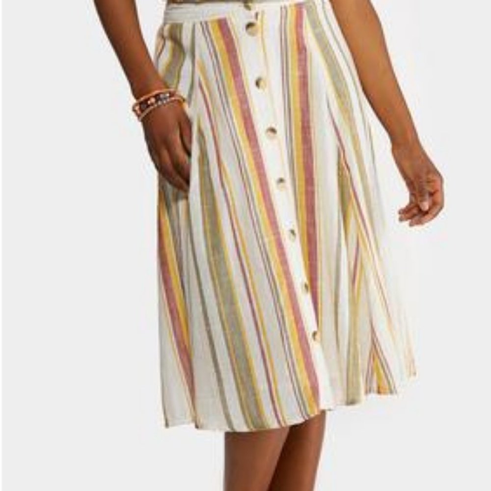 Plus Size Linen Stripe Front Button-Down Skirt